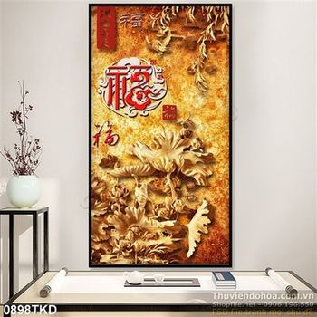 Tranh điêu khắc gỗ hoa Sen thư pháp
