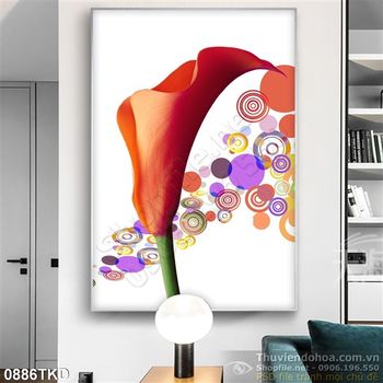 Tranh hoa Vân Môn màu đỏ dán tường