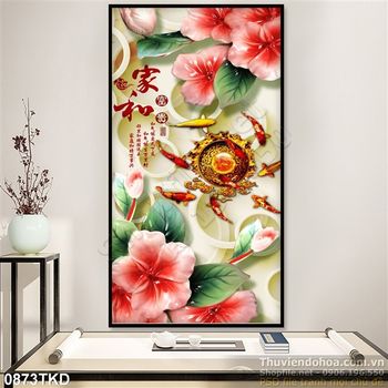 Tranh giả ngọc cá chép Koi và hoa trà