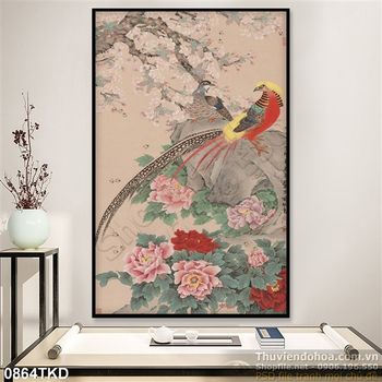 Tranh chim và hoa mẫu đơn đẹp