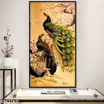 Tranh hoa đào và chim công nghệ thuật