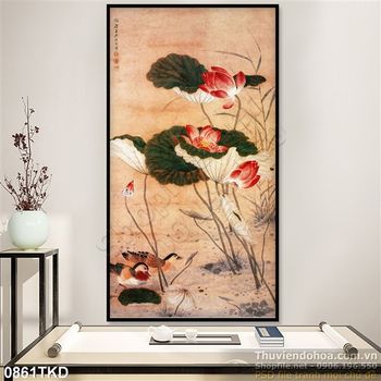 Tranh sơn dầu hoa Sen và chim uyên ương