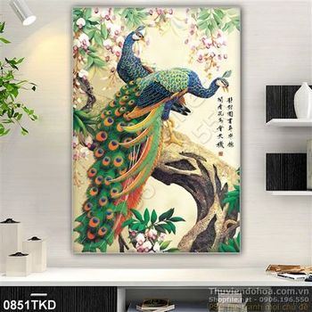 Tranh thư pháp chim công và hoa Đào