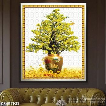 Tranh chậu Mai và tiền vàng phong thủy