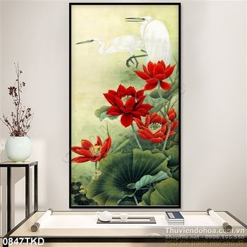 Tranh hoa Sen và chim Hạc trang trí tường