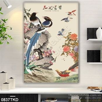 Tranh hoa đào và hoa mẫu đơn chim Sẻ