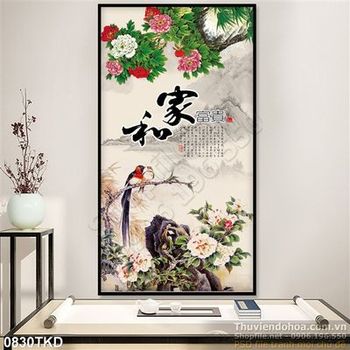 Tranh thư pháp hoa mẫu đơn và chim sẻ