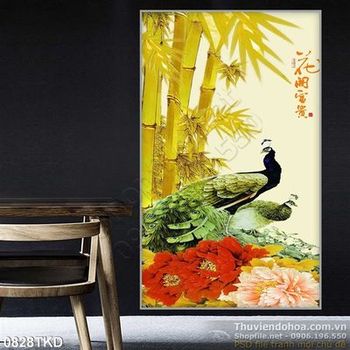 Tranh cây tre và chim công thư pháp