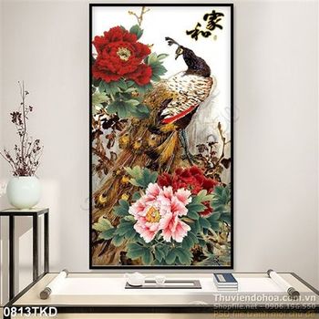 Tranh hoa mẫu đơn thư pháp và chim công