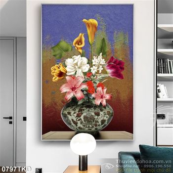 Tranh bình hoa sơn dầu hiện đại treo tường