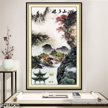 Tranh sơn dầu thác nước và đền