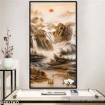 Tranh sơn dầu chim Hạc và thác nước nghệ thuật