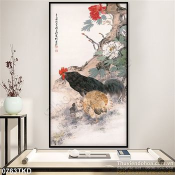 Tranh gà mái và hoa mẫu đơn