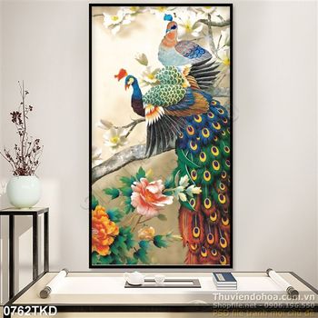 Tranh chim công và hoa mai trắng