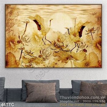 Tranh trúc chỉ chim hạc chơi đùa trên đầm sen