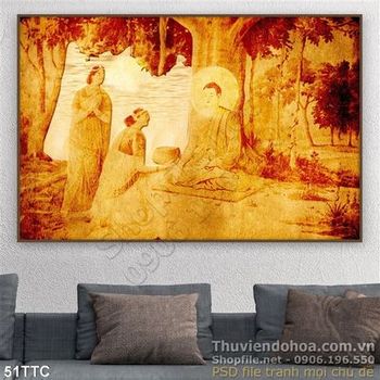 Tranh trúc chỉ Đức Phật rao giảo bên cây đa