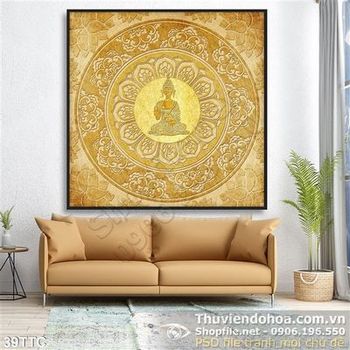 Tranh trúc chỉ họa tiết Đức Phất và đóa hoa sen