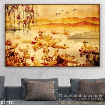 Tranh trúc chỉ hoa sen và núi non