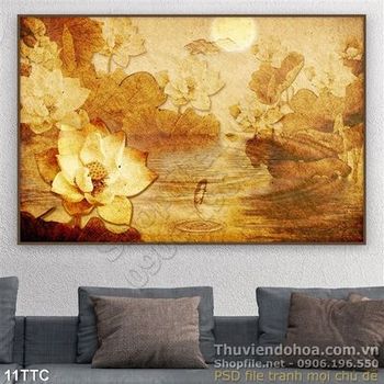 Tranh trúc chỉ hồ hoa sen nở rộ