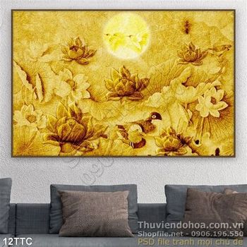 Tranh trúc chỉ mặt trăng tròn và những bông hoa sen