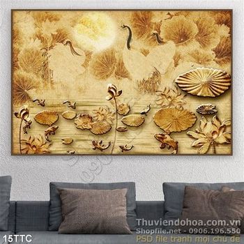 Tranh trúc chỉ hoa sen và đàn chim hạc