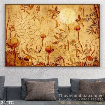 Tranh trúc chỉ 3d wall hoa sen và 2 chú chim nhỏ