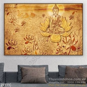 Tranh trúc chỉ Đức Phật ngồi bên trong đài sen