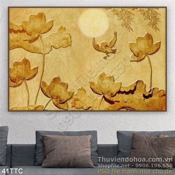 Tranh trúc chỉ điêu khắc hoa sen và chim