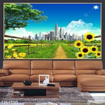Tranh 3D hoa hướng dương và thành phố