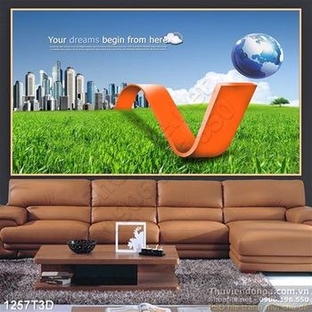 Tranh 3D thành phố và thảo nguyên xanh