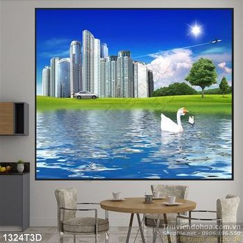 Tranh 3D khu nhà cao tầng và hồ nước