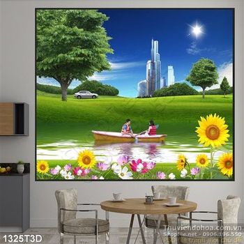 Tranh 3D cảnh quan nhà cao tầng và cây xanh