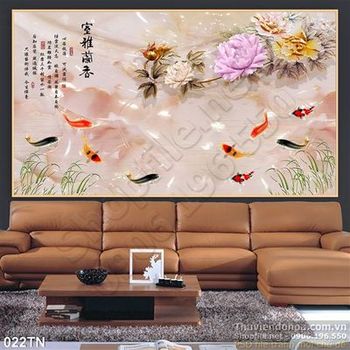 Tranh giả ngọc cá Koi và hoa treo tường