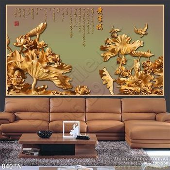 Tranh điêu khắc gỗ hoa sen thư pháp