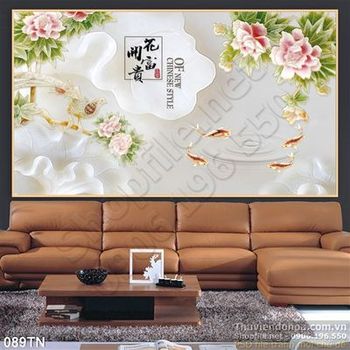 Tranh giả ngọc hoa mẫu đơn và cá cổ điển