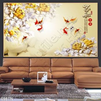 Tranh giả ngọc hoa mẫu đơn và cá cổ điển