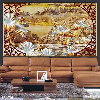 Tranh giả ngọc hoa sen thư pháp cổ điẻn