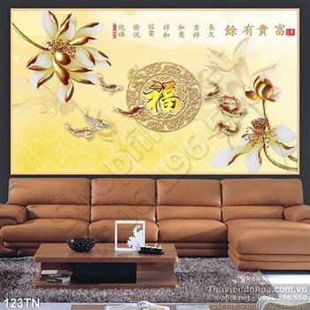 Tranh giả ngọc hoa sen thư pháp vàng