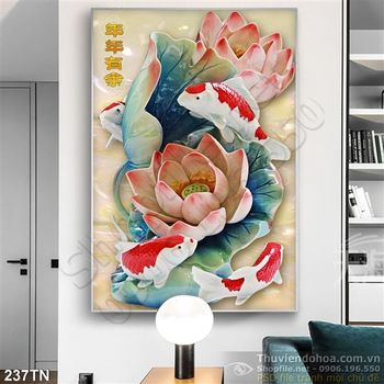 Tranh giả ngọc hoa sen và cá Koi