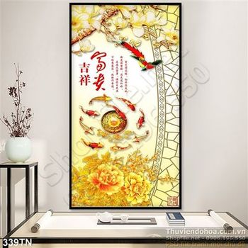 Tranh giả ngọc cá Koi và hoa
