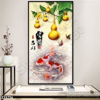 Tranh giả ngọc tết và cá Koi