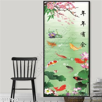 Tranh cá Koi hoa Sen và hoa Đào