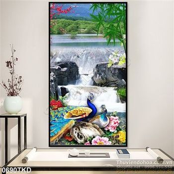 Tranh thác nước mùa xuân và chim công