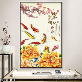 Tranh cá chép và hoa mẫu đơn trang trí Tết
