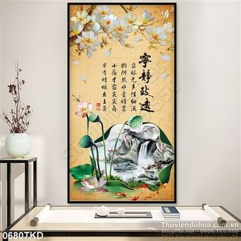 Tranh thư pháp hoa sen và cây Mộc Lan