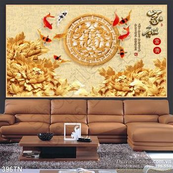 Tranh giả ngọc cá Koi và hoa