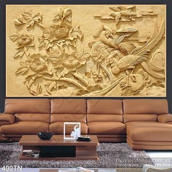 Tranh điêu khắc gỗ chim công và hoa