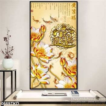 Tranh hoa Sen thư pháp và cá chép
