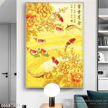 Tranh hoa mẫu đơn và cá chép