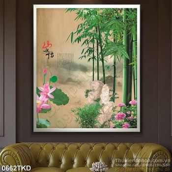 Tranh thư pháp cây tre và hoa sen